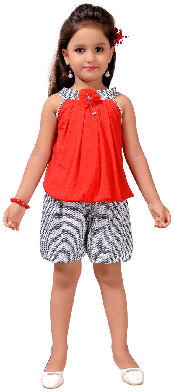 

Aarika Girl Nylon Top Bottom Set - Red Grey