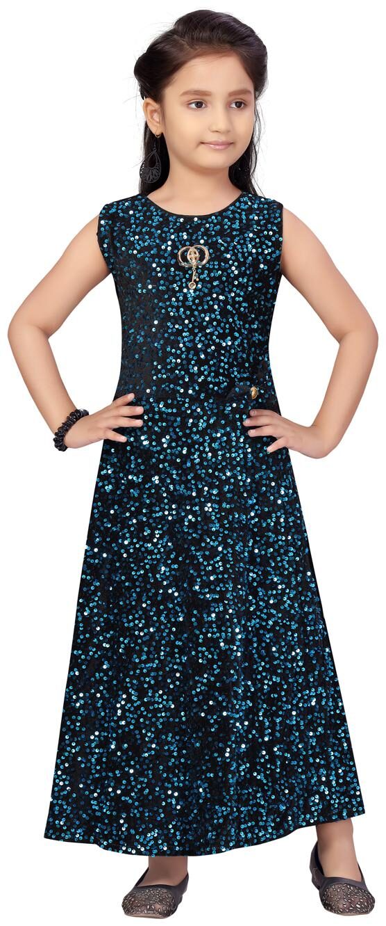 

Aarika Girl s Velvet Embellished Sleeveless Gown - Blue