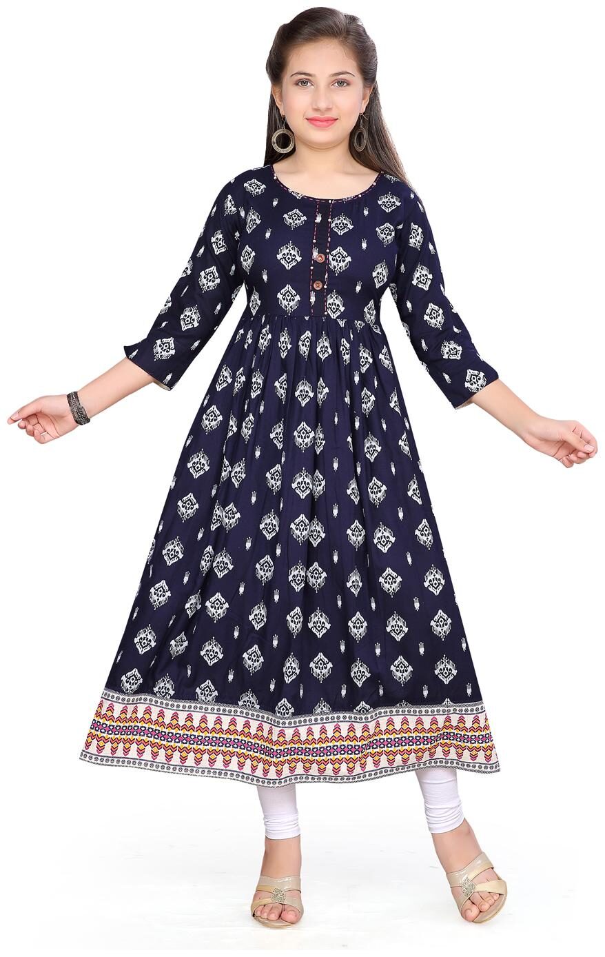 

Aarika Girl s Cotton Printed Sleeveless Kurti salwar set - White Blue