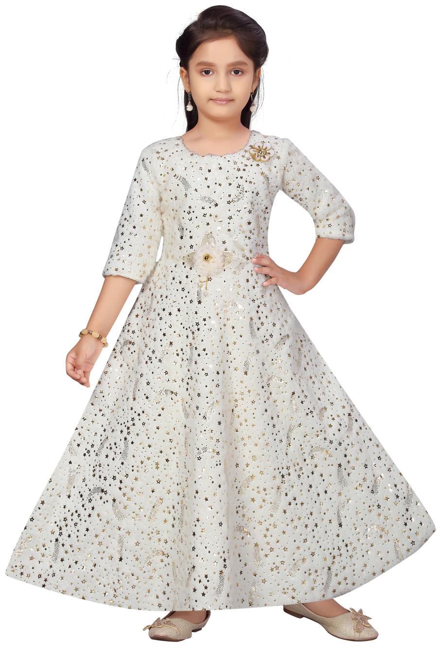 

Aarika Girl s Wool blended Embellished 3 4th sleeves Gown - Cream