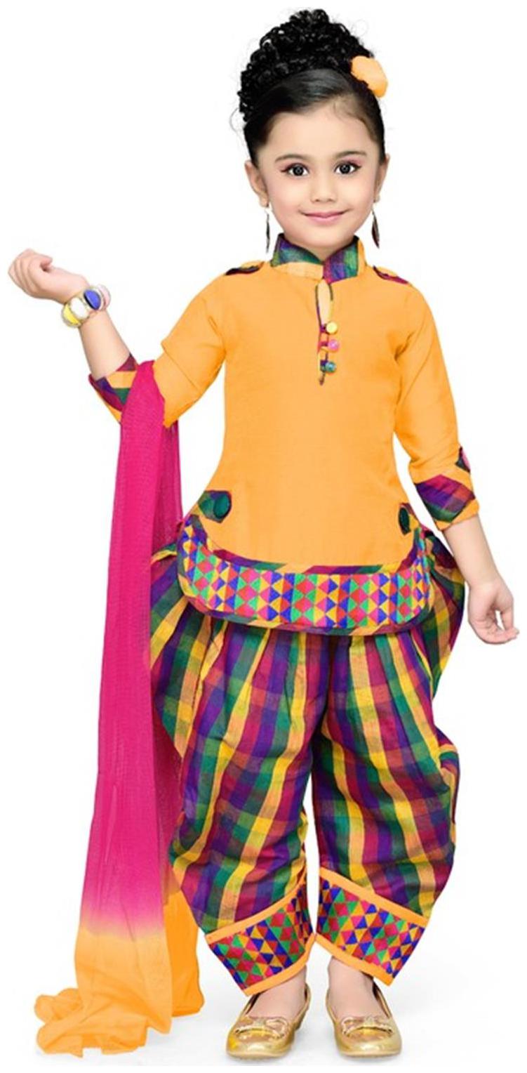 

Aarika Girl s Cotton Printed 3 4th sleeves Kurti salwar set - Yellow