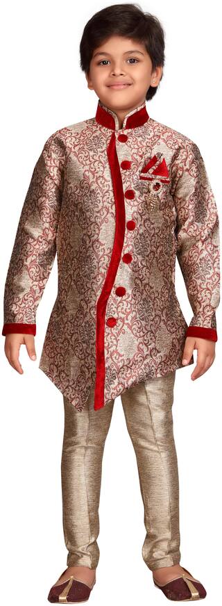 Aj Dezines Baby boy Silk blend Floral Sherwani - Maroon & Gold