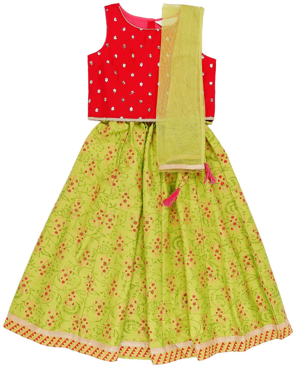

Akkriti By Pantaloons Girl s Polyester Printed Sleeveless Lehenga choli - Pink Green