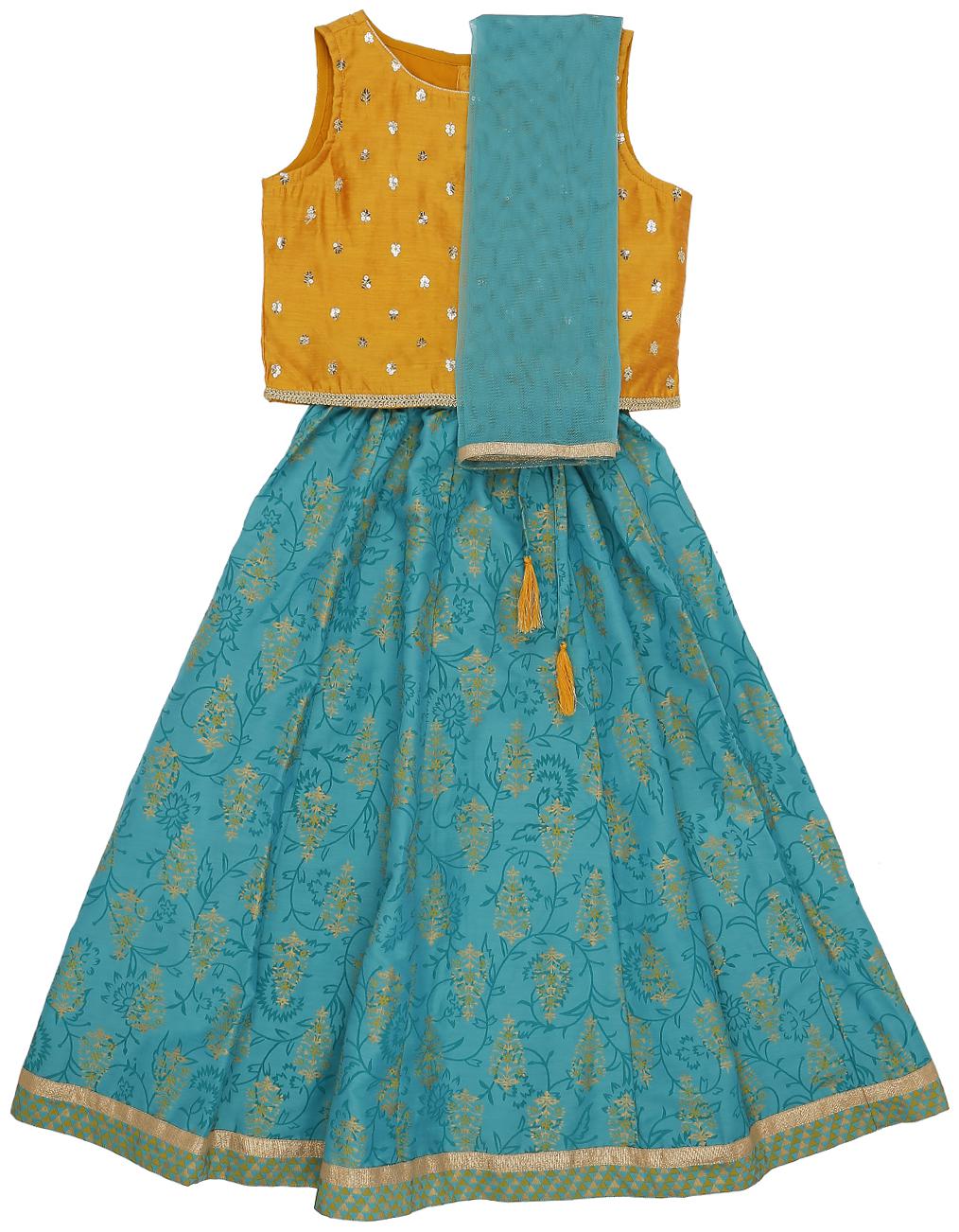 

Akkriti By Pantaloons Girl s Polyester Printed Sleeveless Lehenga choli - Yellow Blue