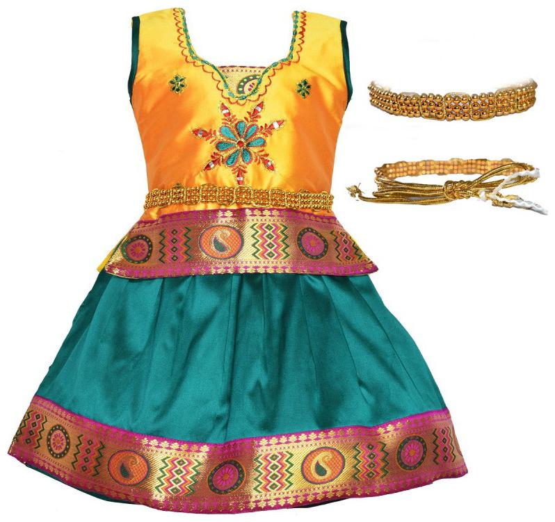 

Amirtha Fashion Girl s Art silk Abstract Sleeveless Lehenga choli - Gold