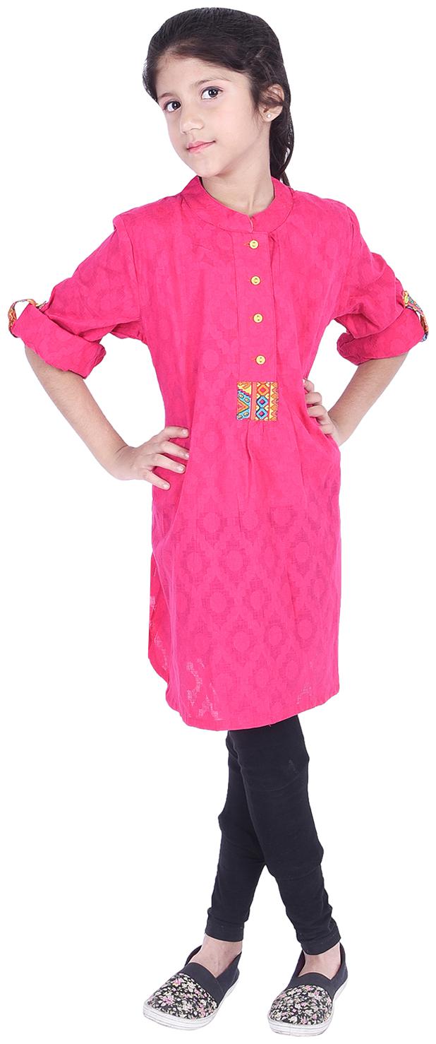 

AMMANYA Girl s Cotton Printed 3 4th sleeves Kurta kurti - Pink