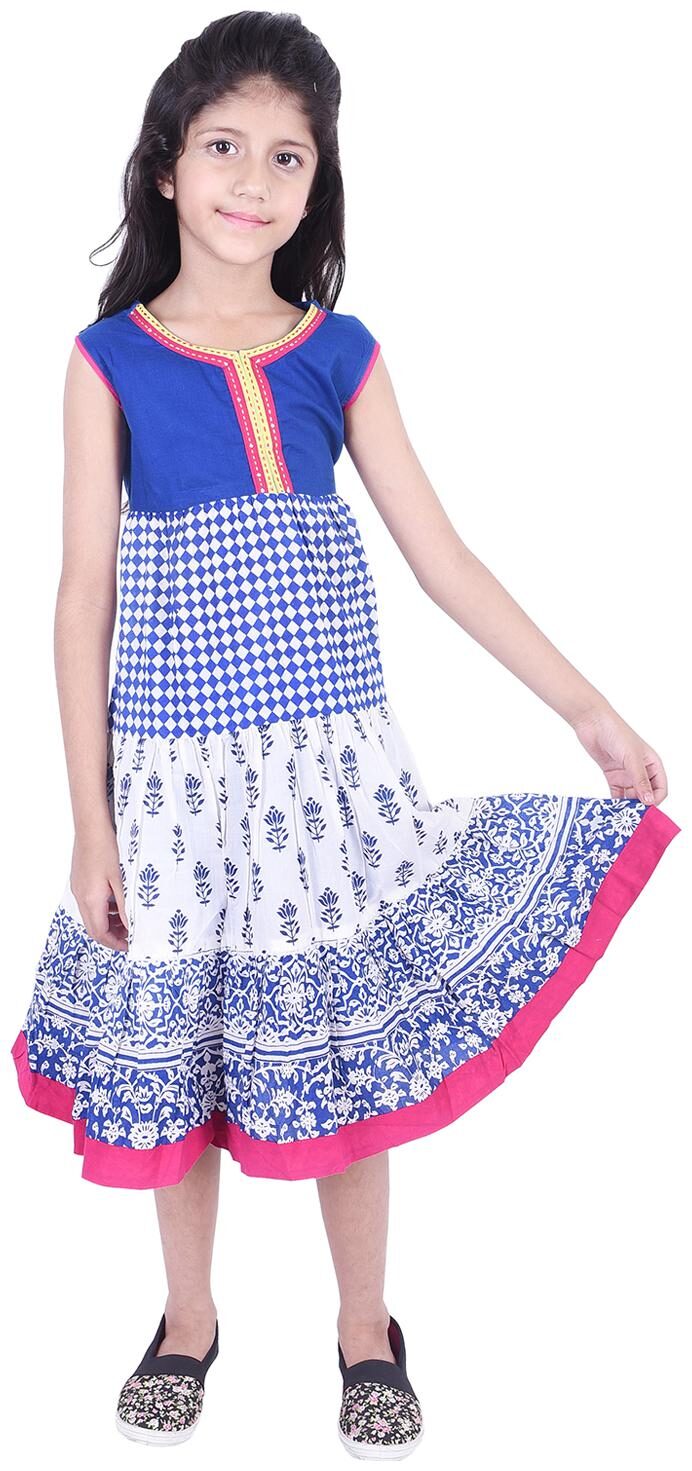 

AMMANYA Blue Cotton Sleeveless Knee Length Collar Frock ( Pack of 1 )