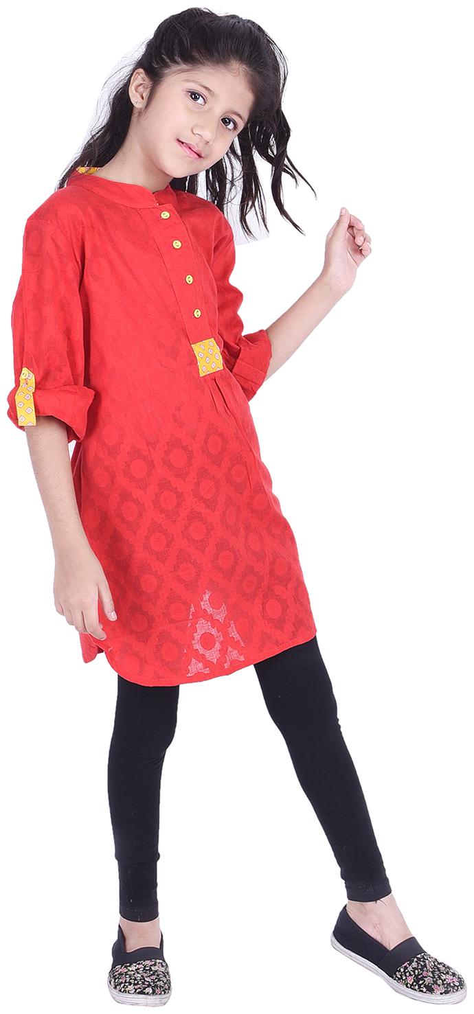 

AMMANYA Girl s Cotton Solid Short sleeves Kurta kurti - Red