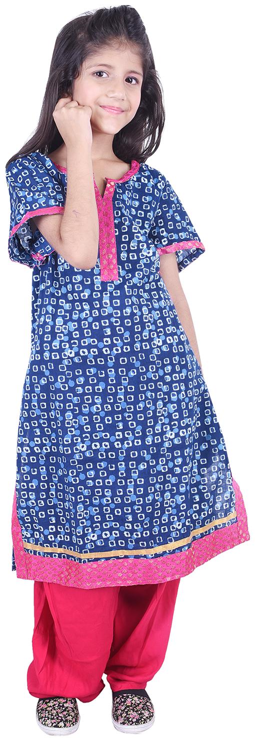 

AMMANYA Girl s Cotton Printed Short sleeves Kurti salwar set - Blue