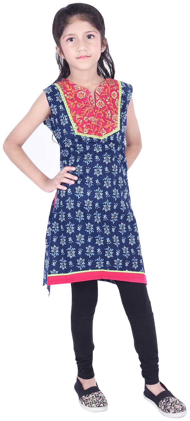 

AMMANYA Girl s Cotton Printed Sleeveless Kurta kurti - Blue