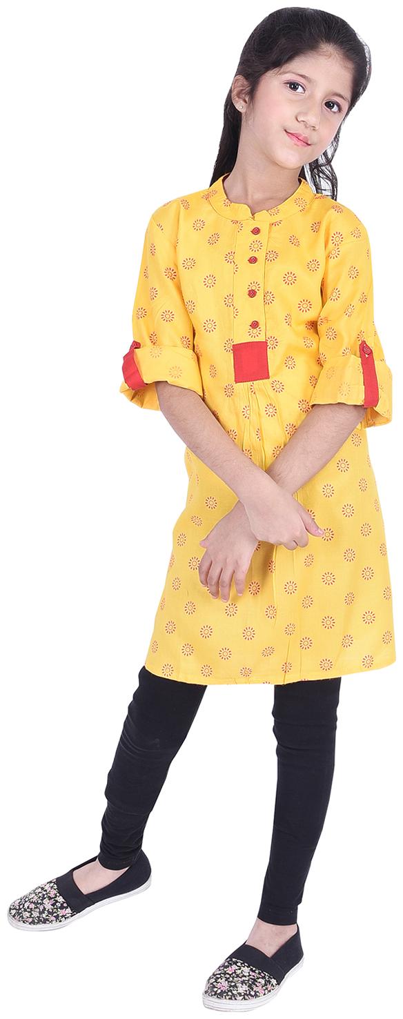 

AMMANYA Girl s Cotton Printed 3 4th sleeves Kurta kurti - Yellow