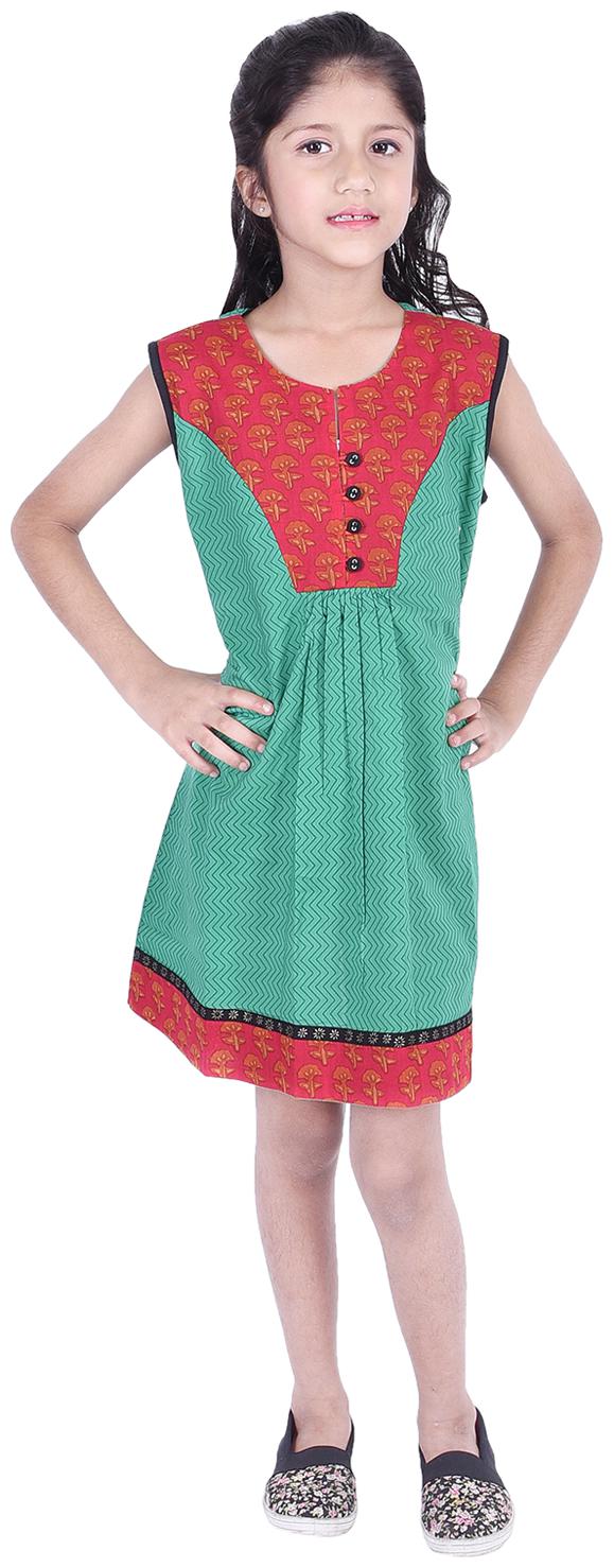 

AMMANYA Green Cotton Sleeveless Knee Length Collar Frock ( Pack of 1 )