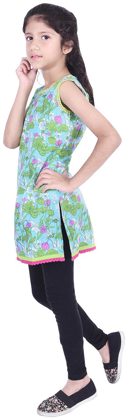 

AMMANYA Girl s Cotton Printed Sleeveless Kurta kurti - Green