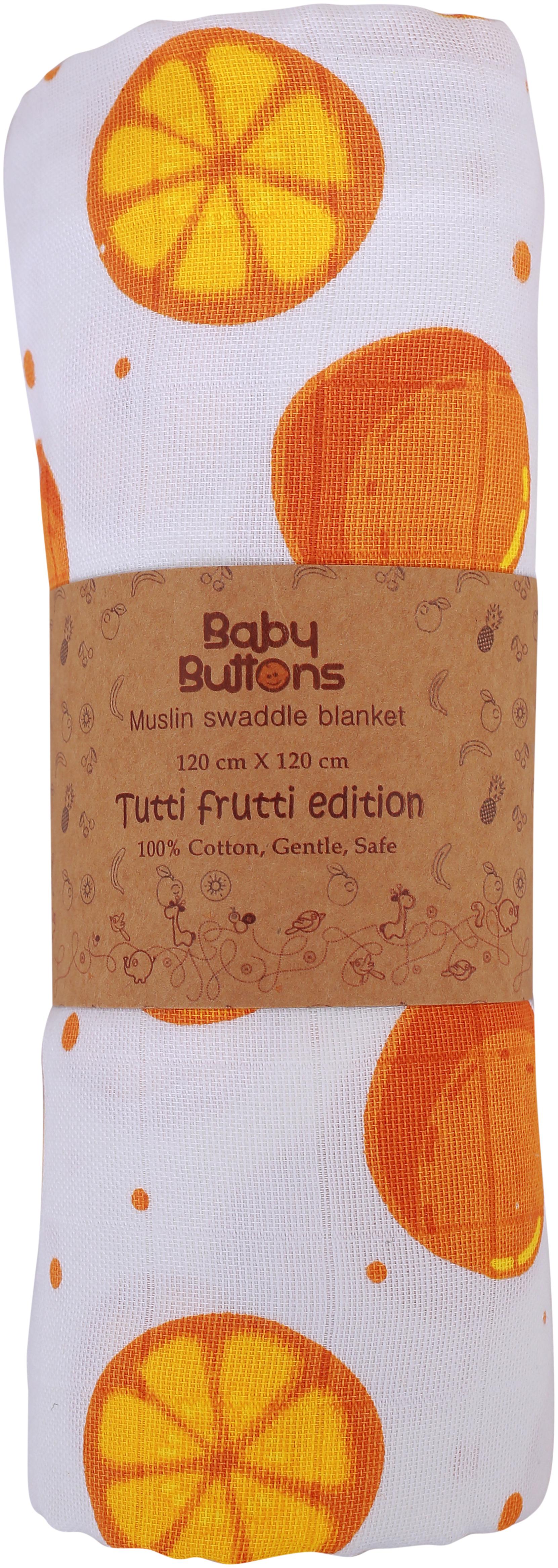 

BabyButtons Tutti Frutti edition -Organic Muslin Cotton Cute Print Swaddle Wrap for Baby (120 X 120 cm) (Awesome Orange)