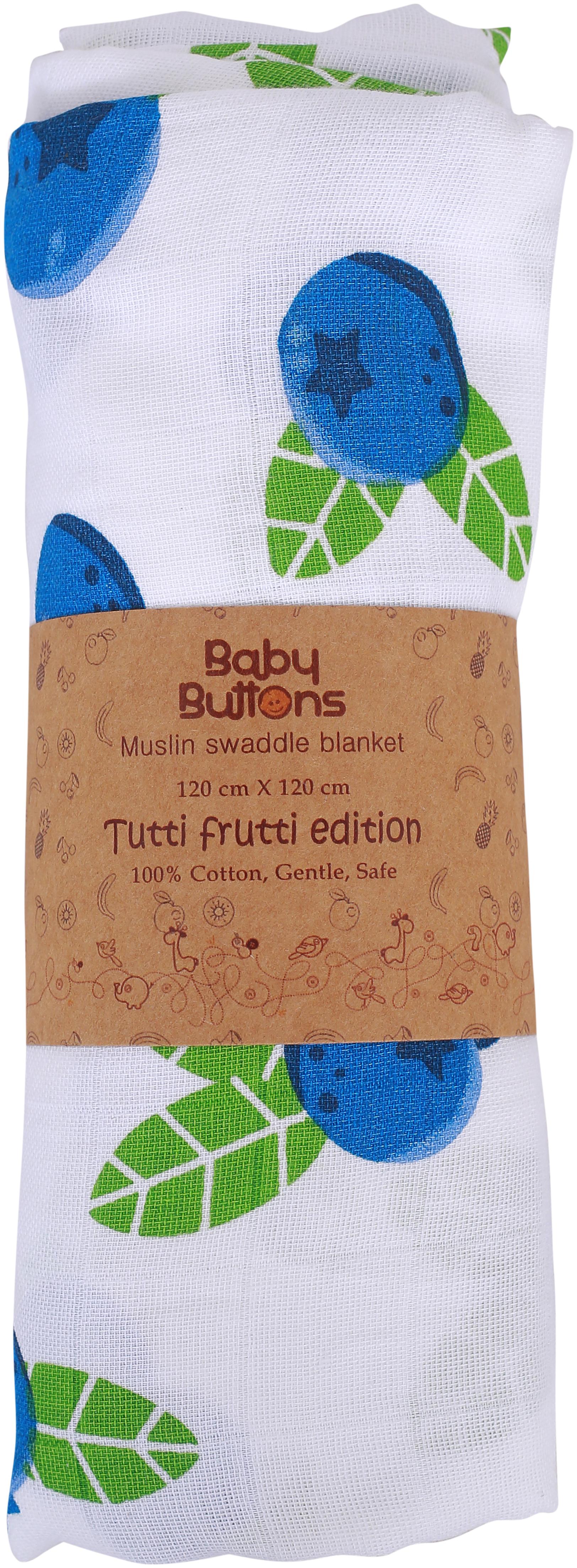 

BabyButtons Tutti Frutti edition -Organic Muslin Cotton Cute Print Swaddle Wrap for Baby (120 X 120 cm) (Yummy Blueberry)