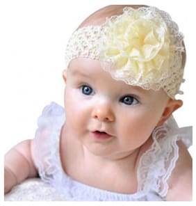 AkinosKIDS Infant girls flower chiffon lace yard Knitting Hair Weave crochet newborn baby Cream Soft Headband