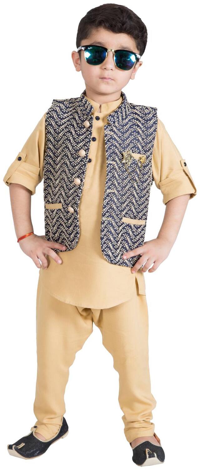 Mash Up Boy Cotton Solid Kurta pyjama set - Brown