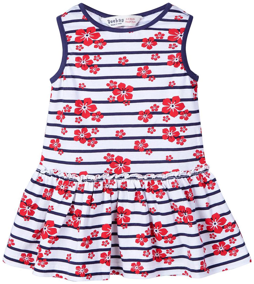 

Beebay Infant-girl 100 Cotton Knitted Stripe Floral Print Drop Waist Dress (Red)