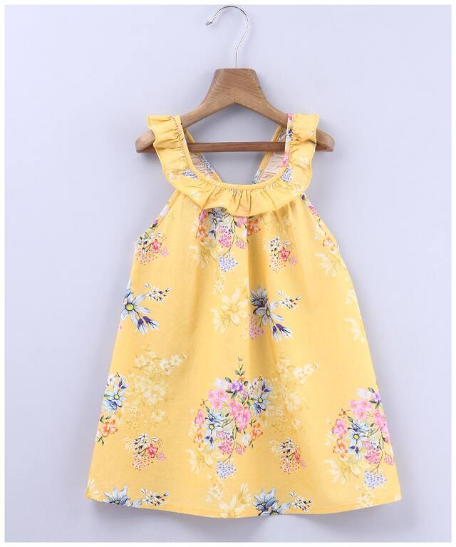 Beebay Baby Girl 100% Cotton Woven Neck Frill Floral Print Dress (Yellow)