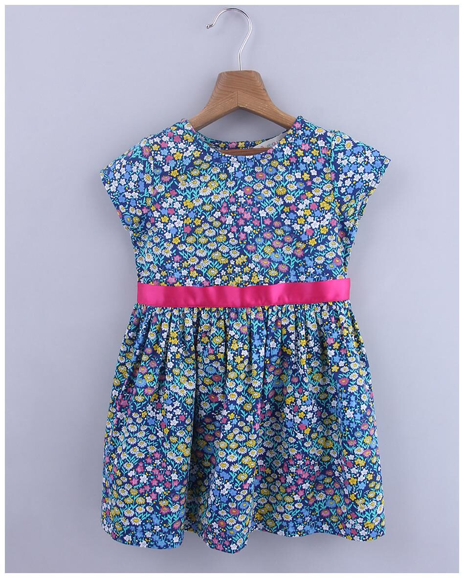 

Beebay Girls Cotton Woven Floral Tie Belt Dress (Blue)