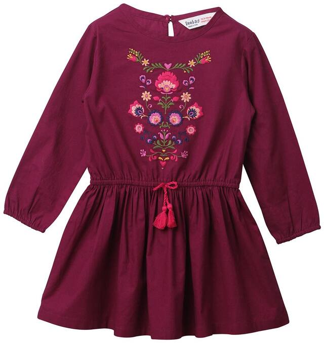 Beebay Girls 100% Cotton Woven Plum Floral Emb Dress with Tassel (Maroon)