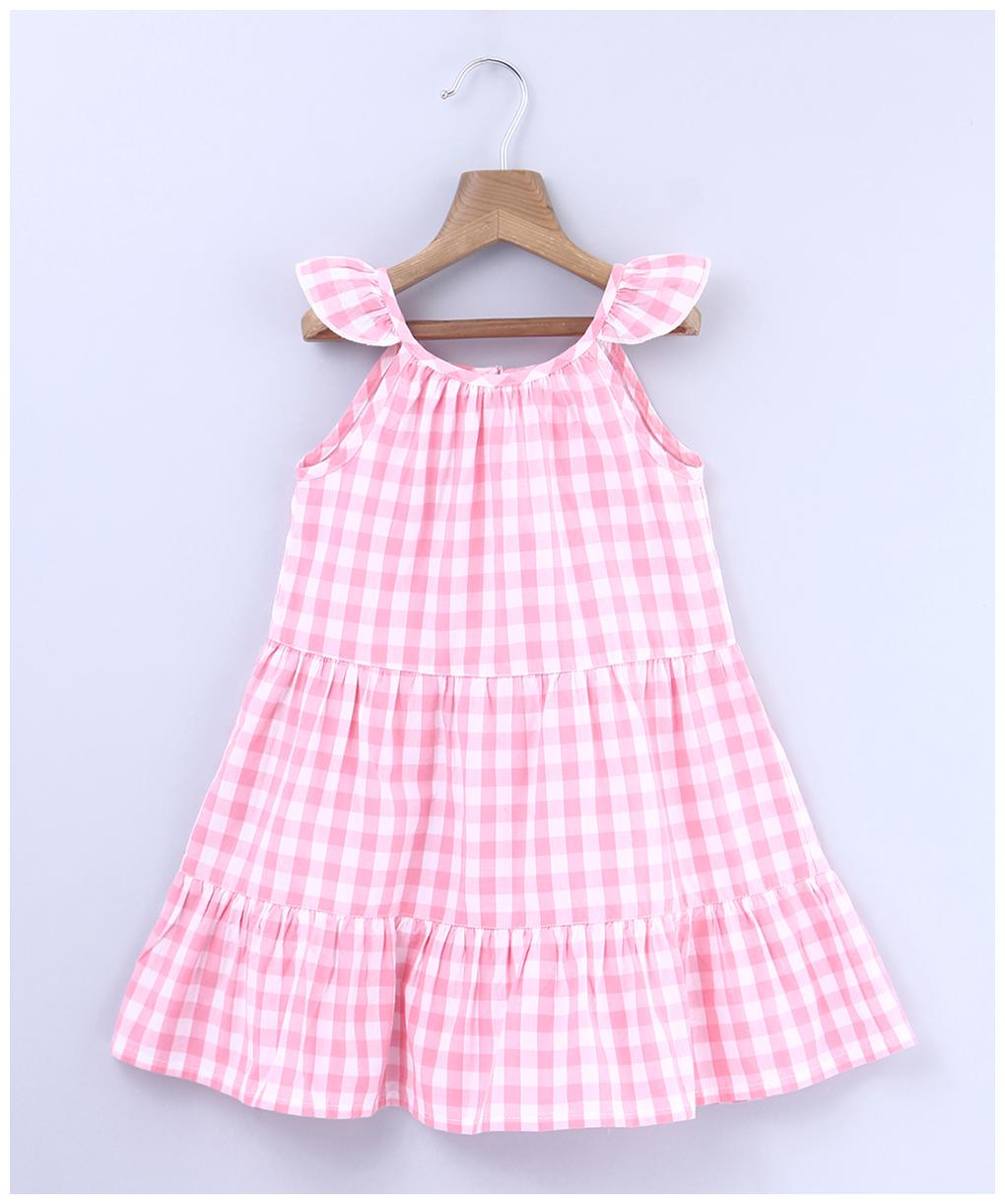 

Beebay Girls 100 Cotton Woven Pink Gingham Tiered Dress (Pink)