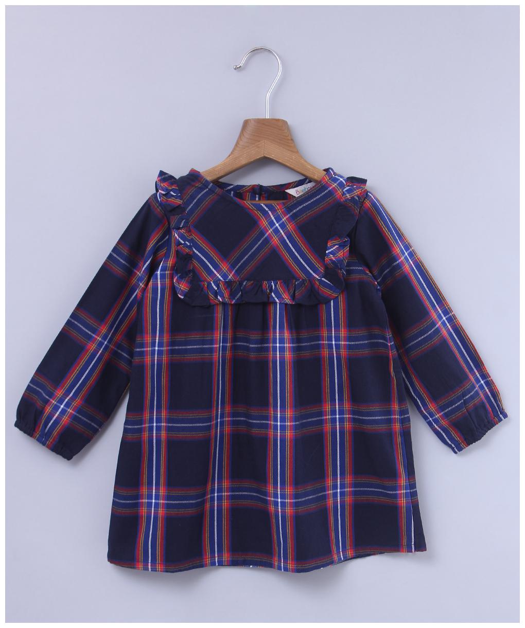 

Beebay Girls Cotton Woven Yoke Frill Check Dress (Navy)