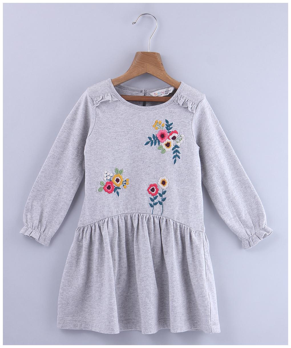 

Beebay Girls Cotton Knitted Floral Embroidered Dress (Grey)