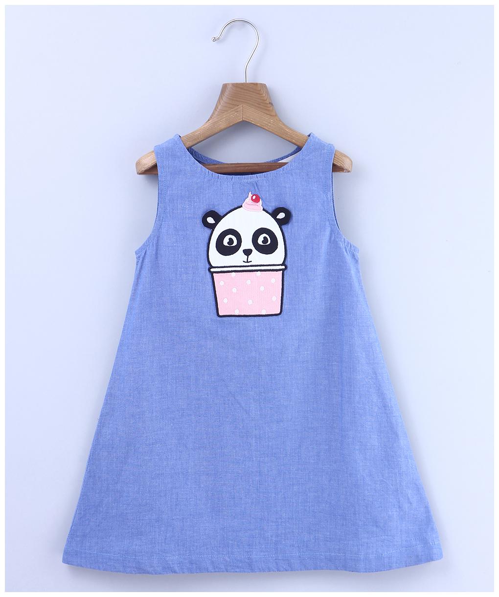 

Beebay Girls 100 Cotton Woven Panda Applique Chambray Dress (Blue)