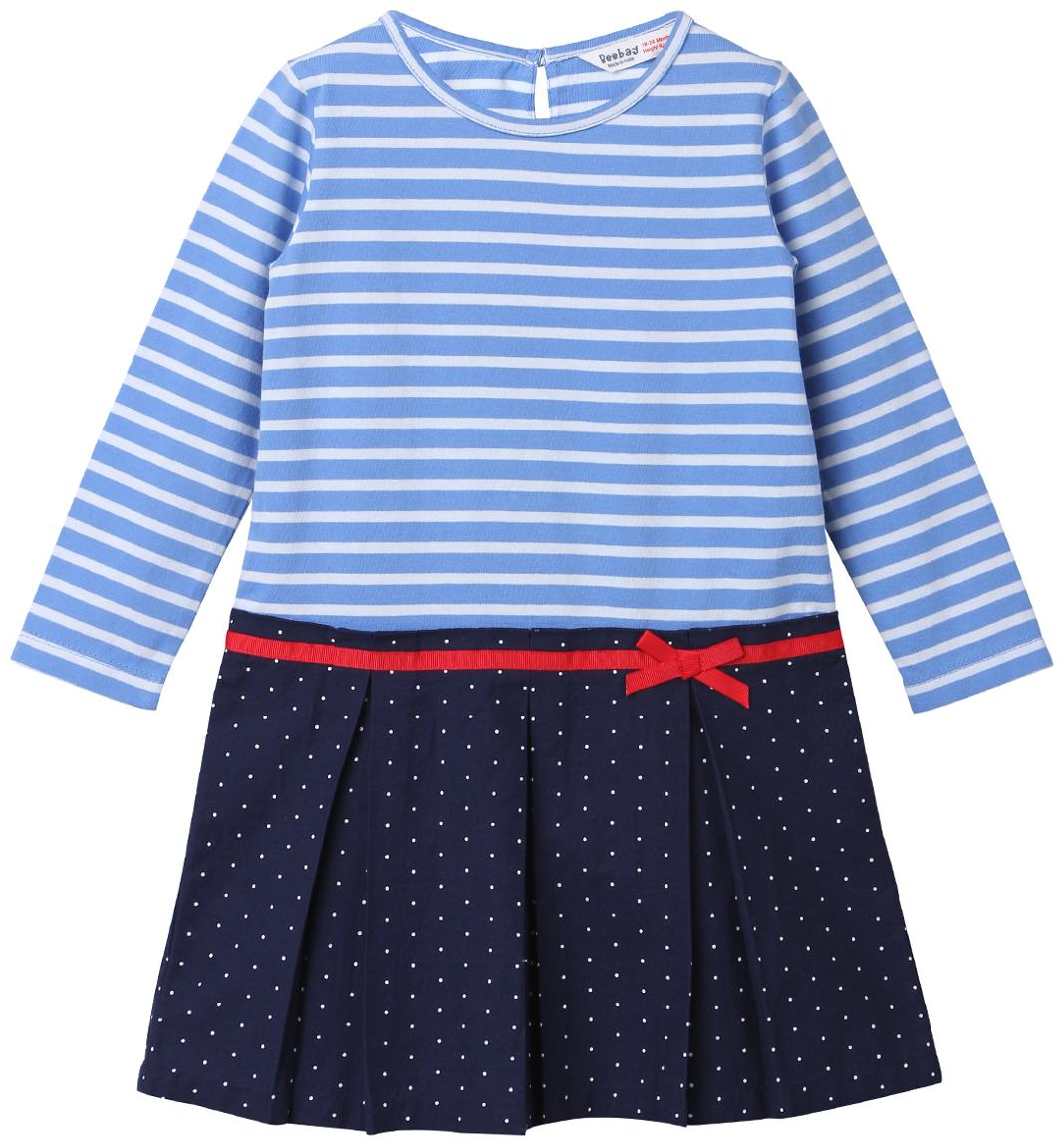 

Beebay Girls 100 Cotton Knitted Stripe Polka Pleated Dress (Blue)