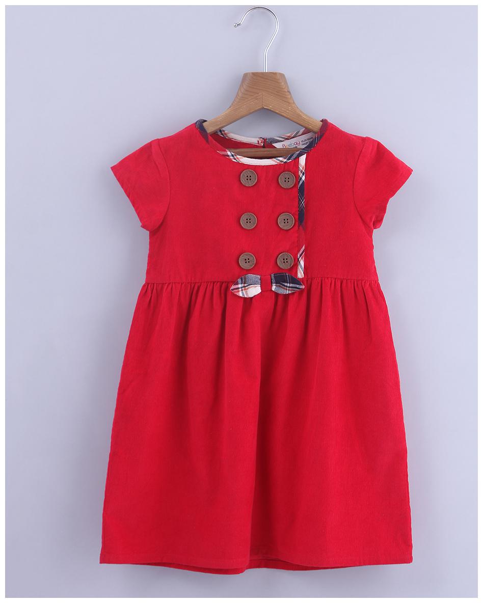 

Beebay Girls Cotton Woven Mock Lapel Corduroy Dress (Red)