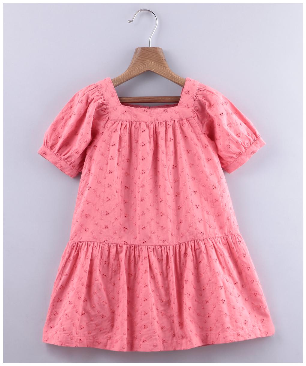 

Beebay Girls Puff Sleeve Schiffli Dress Coral