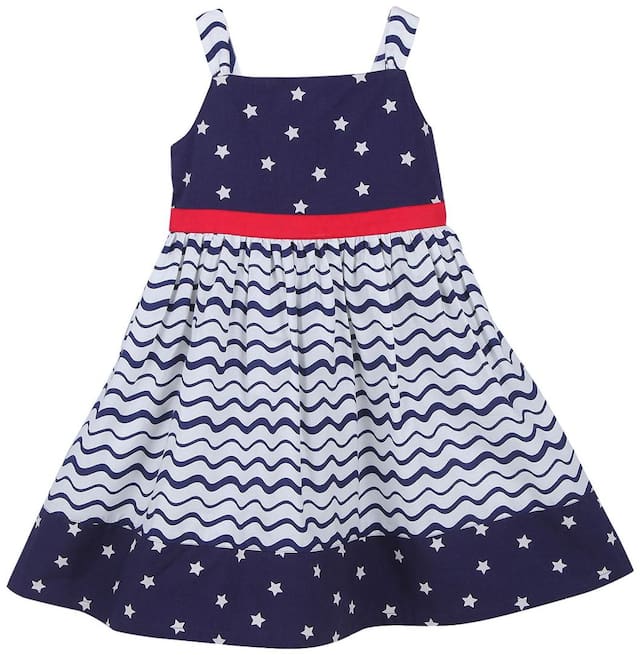 Beebay Girls 100% Cotton Woven Star Print Tier Dress (navy)