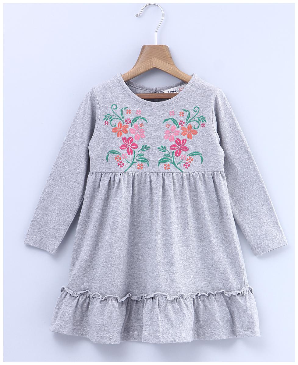 

Beebay Girls Cotton Knitted Floral Embroidery Melange Dress (Grey)