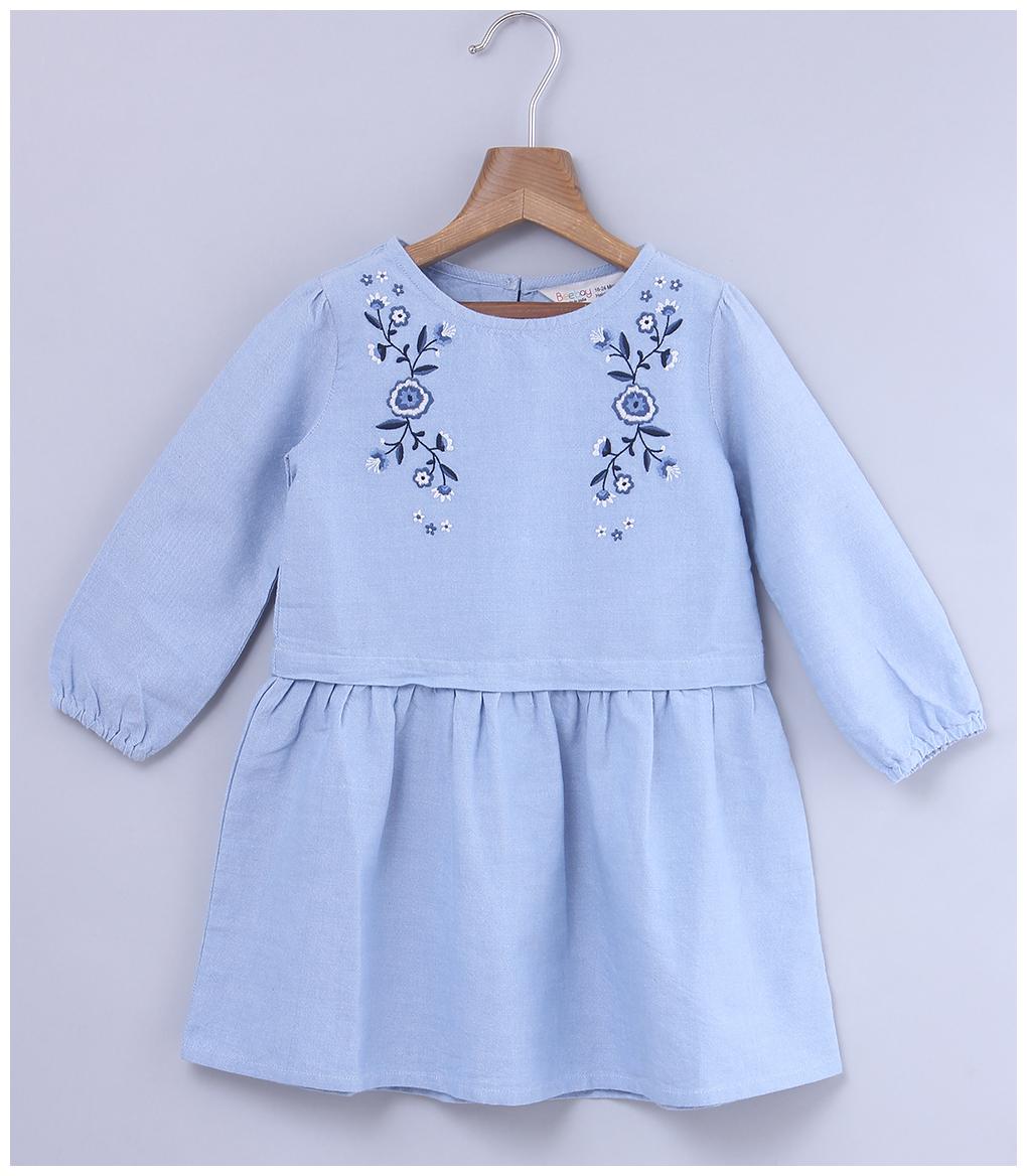 

Beebay Girls Cotton Woven Chambray Embroidered Dress (Blue)