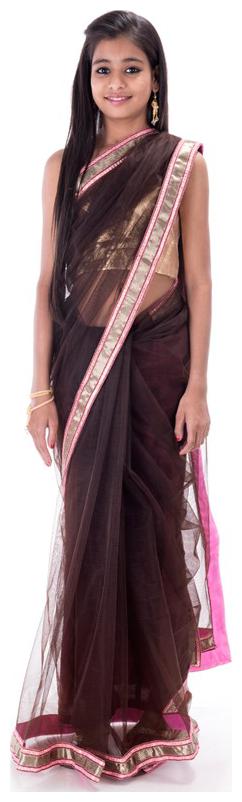 

BINORI Girl s Net Embellished Sleeveless Saree - Brown