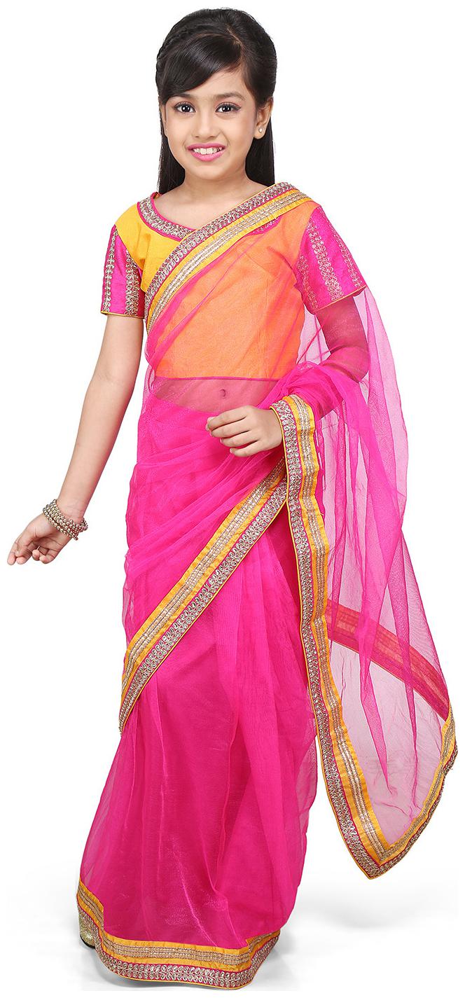 

BINORI Girl s Net Embellished Short sleeves Saree - Pink