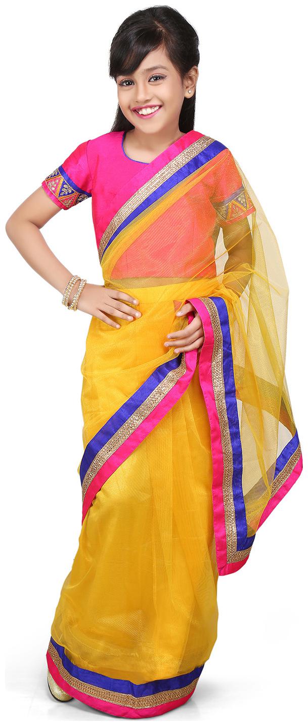 

BINORI Girl s Net Embellished Short sleeves Saree - Yellow