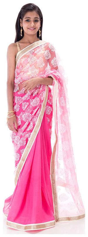 

BINORI Girl s Georgette Embellished Sleeveless Saree - Pink