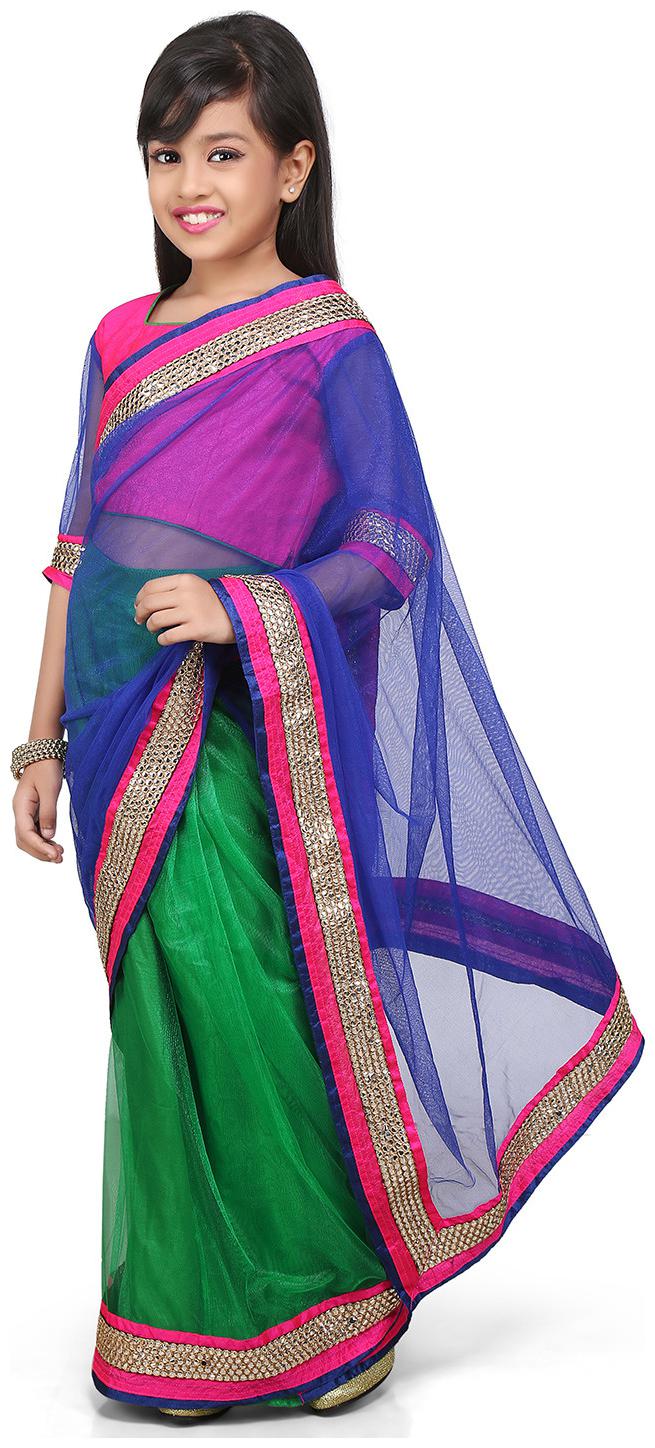 

BINORI Girl s Net Embellished 3 4th sleeves Saree - Multi