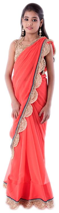 

BINORI Girl s Georgette Embellished Sleeveless Saree - Orange