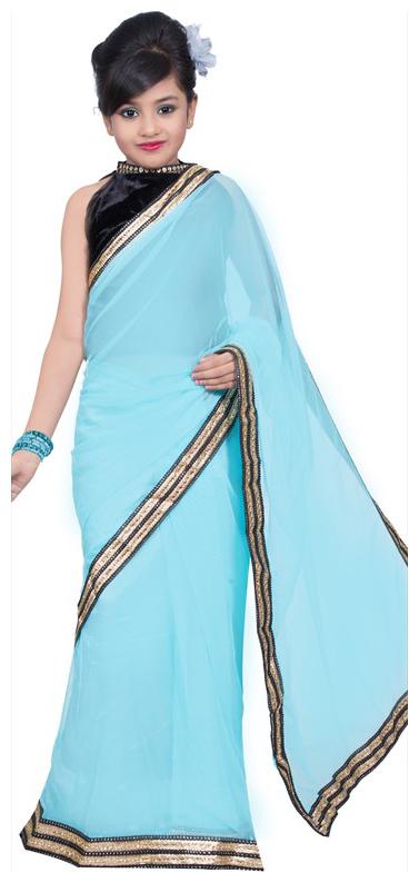 

BINORI Girl s Georgette Embellished Sleeveless Saree - Blue