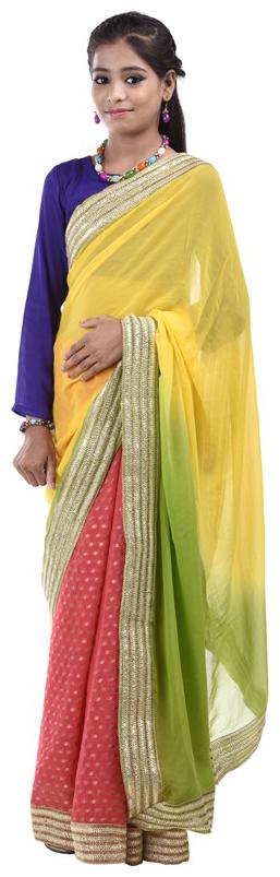 

BINORI Girl s Georgette Embellished Full sleeves Saree - Multi