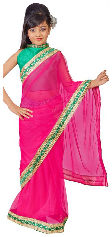 

BINORI Girl s Net Embellished Sleeveless Saree - Pink