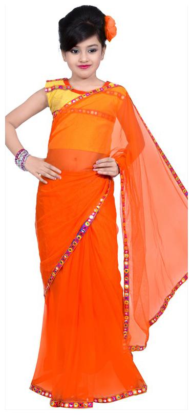

BINORI Girl s Georgette Embellished Sleeveless Saree - Orange