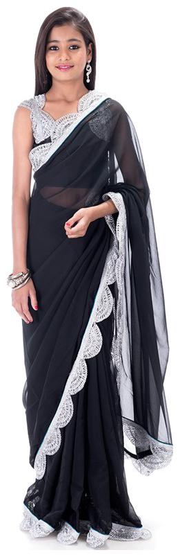 

BINORI Girl s Georgette Embellished Sleeveless Saree - Black