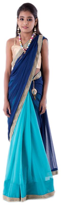 

BINORI Girl s Georgette Embellished Sleeveless Saree - Blue