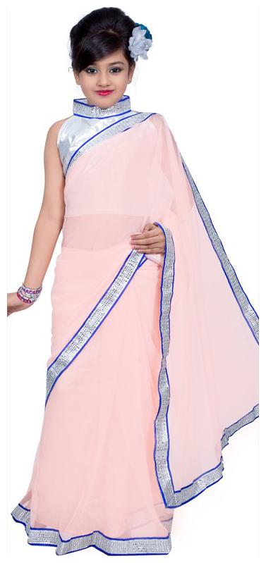 

BINORI Girl s Georgette Embellished Sleeveless Saree - Pink
