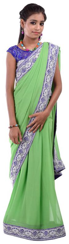 

BINORI Girl s Georgette Embellished Short sleeves Saree - Green