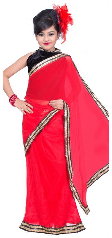 

BINORI Girl s Georgette Embellished Sleeveless Saree - Red